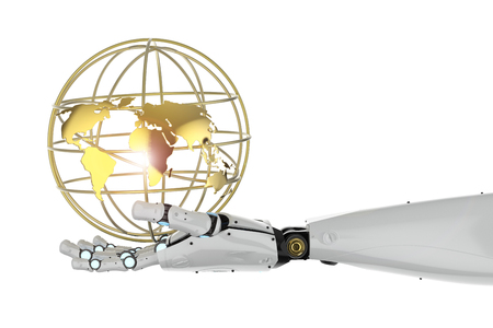 Globalization concept with 3d rendering robot hand holding globeの写真素材