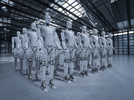 3d rendering robot assembly or group of cyborgs in factoryの写真素材