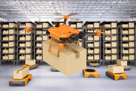 Automation warehouse concept with 3d rendering delivery drone holding cardboard box and warehouse robotの写真素材