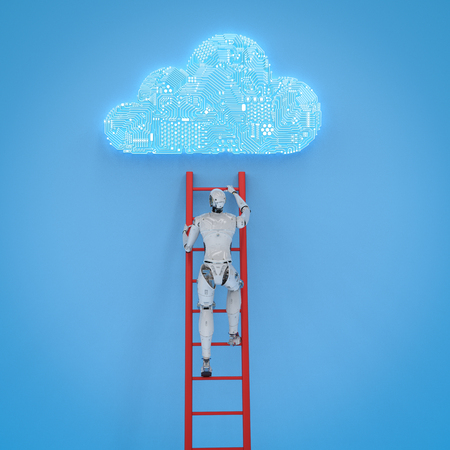 3d rendering robot climb ladder to develop circuit cloudの写真素材