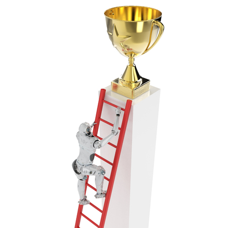 3d rendering robot climb to reach gold star trophy isolated on whiteの写真素材