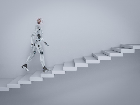 3d rendering robot climb or walk up staircaseの写真素材