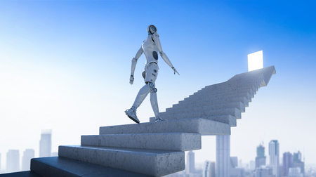 3d rendering robot climb or walk up staircase to target on the skyの写真素材