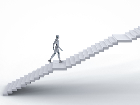 3d rendering robot climb or walk up staircaseの写真素材