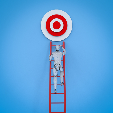 3d rendering robot climb red ladder to targetの写真素材
