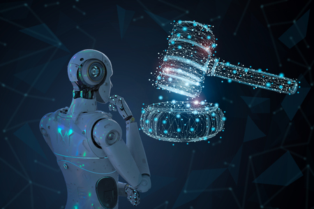 Internet law concept with 3d rendering ai robot with gavel judgeの写真素材