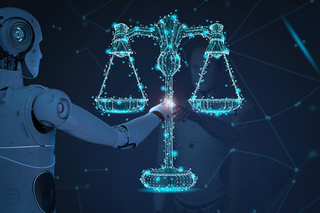 Internet law concept with 3d rendering ai robot with law scale