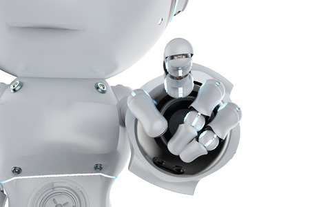 3d rendering cute mini robot finger point isolated on whiteの写真素材