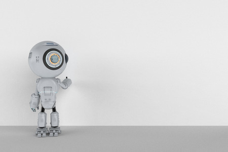 3d rendering cute artificial intelligence robot with empty boardの写真素材