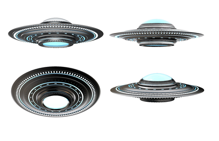 3d rendering metal ufo or alien spaceship isolated on whiteの写真素材