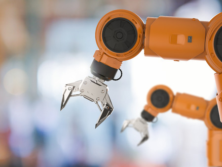 3d rendering orange robotic arm side viewの写真素材