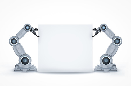 3d rendering white robotic arm with blank note on white backgroundの写真素材