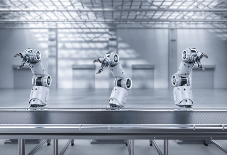Automation industry concept with 3d rendering robot assembly line in  factoryの写真素材