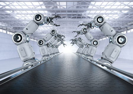 Automation industry concept with 3d rendering robot assembly line in  factoryの写真素材