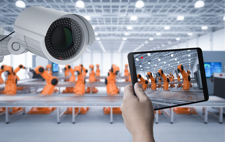 3d rendering security camera or surveillance camera in factory control by tablet