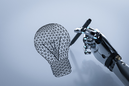 Creativity concept with 3d rendering robot draw polygonal lightbulbの写真素材