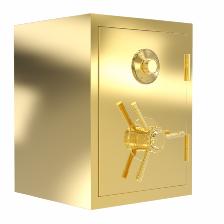 3d rendering golden bank safe isolated on whiteの写真素材