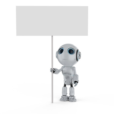 3d rendering humanoid robot with white blank bannerの写真素材