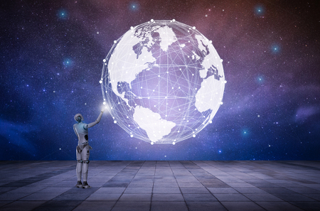 Globalization technology concept with 3d rendering robot with global connectionの写真素材
