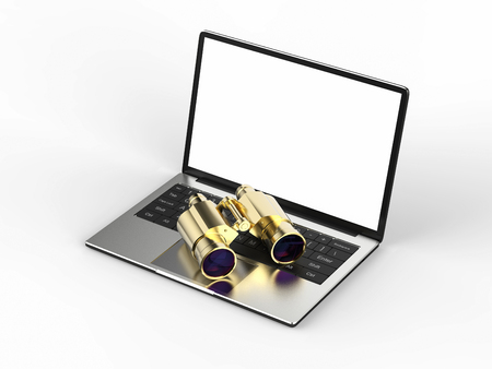 3d rendering binoculars on empty screen laptopの写真素材