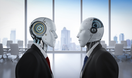 Technology confrontation concept with 3d rendering robotic businessman confront in officeの写真素材