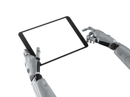 3d rendering robotic hand holding blank screen tablet isolatedの写真素材