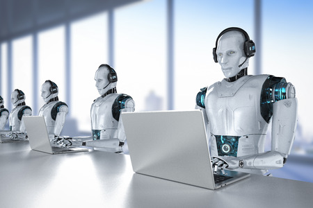 Chat bot concept with 3d rendering humanoid robot with headset work on computer notebookの写真素材