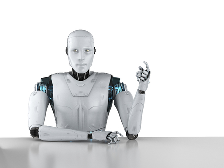 3d rendering humanoid robot sitting behind table on whiteの写真素材