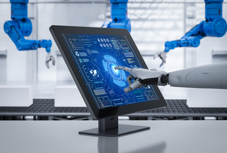 Smart factory concept with 3d rendering robot working with computer in factoryの写真素材