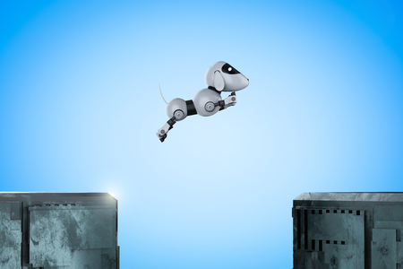 3d rendering dog robot jump across between buildingの写真素材