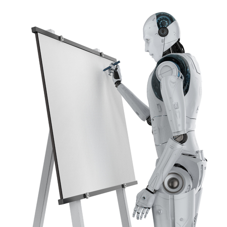 3d rendering ai robot drawing on empty canvas の写真素材