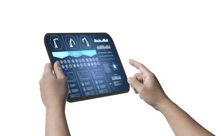 Technician control with human hand hold 3d rendering digital tablet with digital display