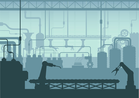Silhouette factory interior with machine and conveyor belt flat design vector illustrationのイラスト素材