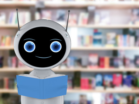 Machine learning concept with 3d rendering friendly robot reading a bookの写真素材