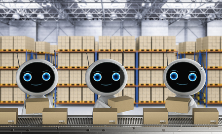 Automatic warehouse concept with 3d rendering automation robot work in warehouseの写真素材