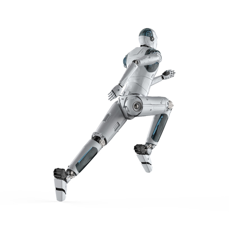 3d rendering humanoid robot running or jumping on white backgroundの写真素材
