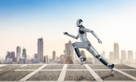 3d rendering humanoid robot running or jumping with cityscape backgroundの写真素材