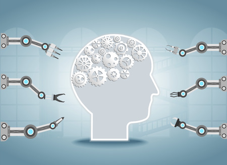 Smart factory concept with robotic arms and ai brain vector illustrationのイラスト素材