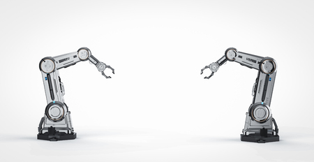 Automation factory concept with 3d rendering two robotic arms on white background with empty spaceの写真素材