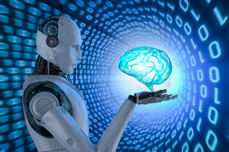 Ai with brain concept with 3d rendering robot with blue polygonal brain