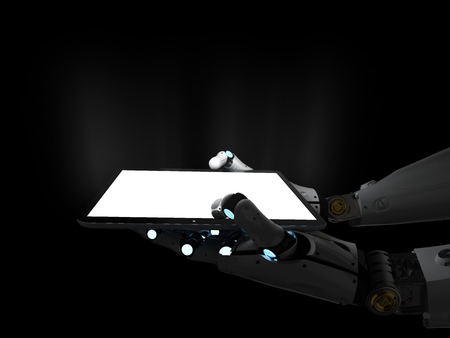 3d rendering robotic hand holding shiny blank screen tabletの写真素材