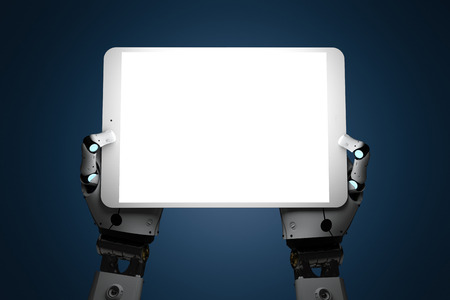 3d rendering robotic hand holding shiny blank screen tabletの写真素材