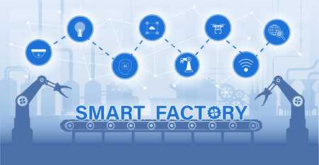 Smart factory concept with machine and icons flat design vector illustrationのイラスト素材