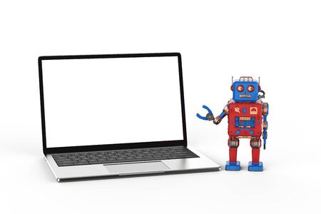 3d rendering robot tin toy with blank screen computer notebookの写真素材