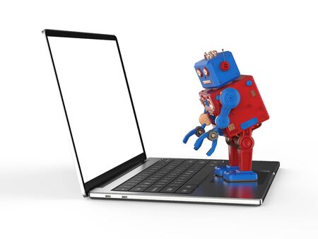 3d rendering robot tin toy with blank screen computer notebookの写真素材