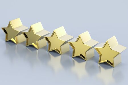 3d rendering golden five stars on grey backgroundの写真素材