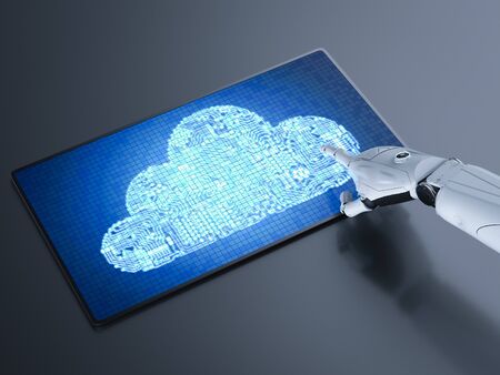 Cloud computing technology concept with 3d rendering humanoid robot work with circuit cloud