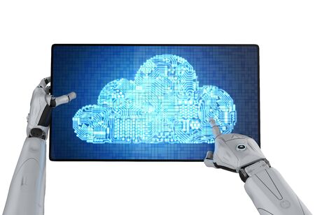 Cloud computing technology concept with 3d rendering humanoid robot work with circuit cloud