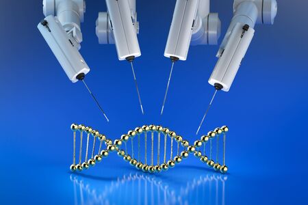 Genetic engineeering concept with 3d rendering robotic hand editing  dna helix