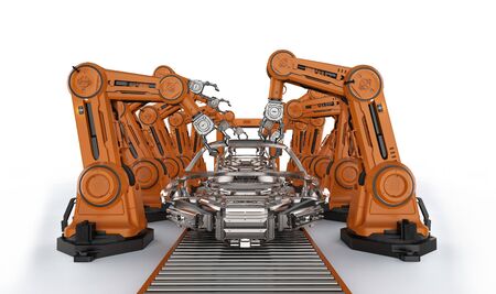 Automation aumobile factory concept with 3d rendering robot assembly line in car factoryの写真素材